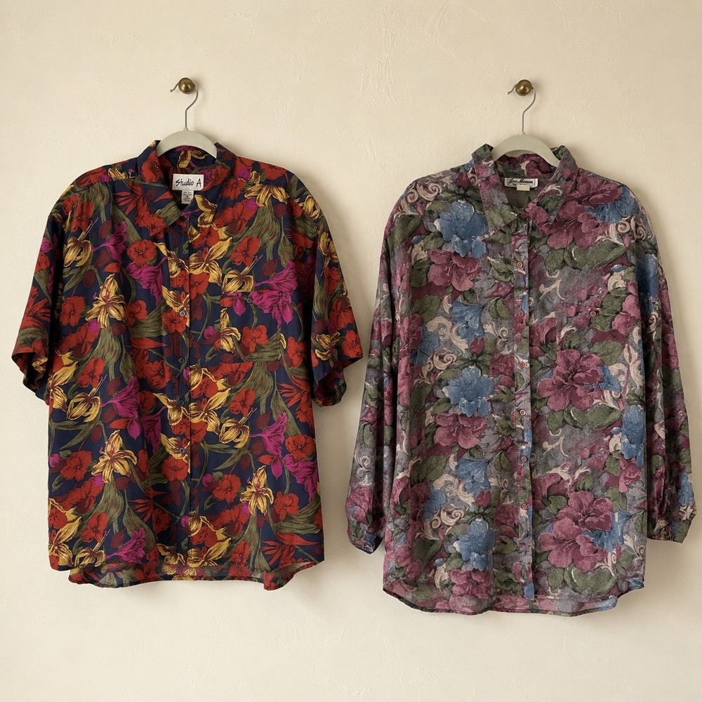 Vintage 90's Silk Shirt Dark Floral Print Lot Of Two Size 3X Button Down Mauve
